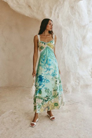 Saltwater Blooms Lace Trim Maxi Dress