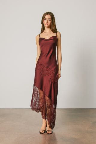 Whispered Secrets Cowl Neck Lace Asymmetrical Hem Dress (Wine)