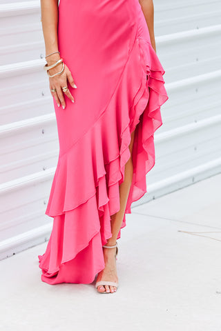 Rosy Glow Asymmetric Hem Ruffle Maxi Dress