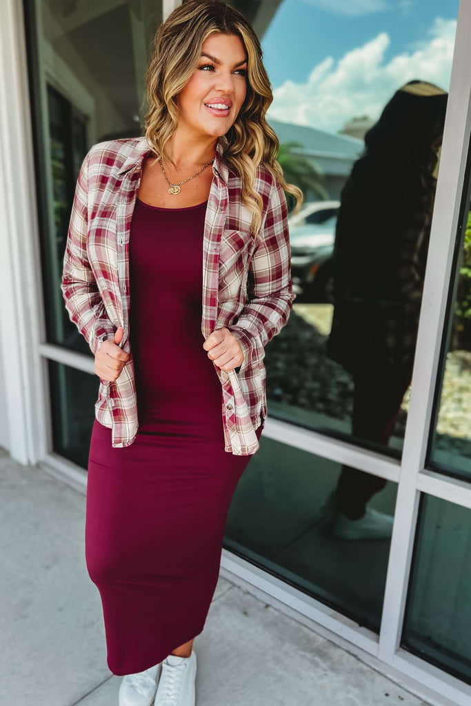 Colors of Autumn Wine Plaid Flannel Button Up Shirt
