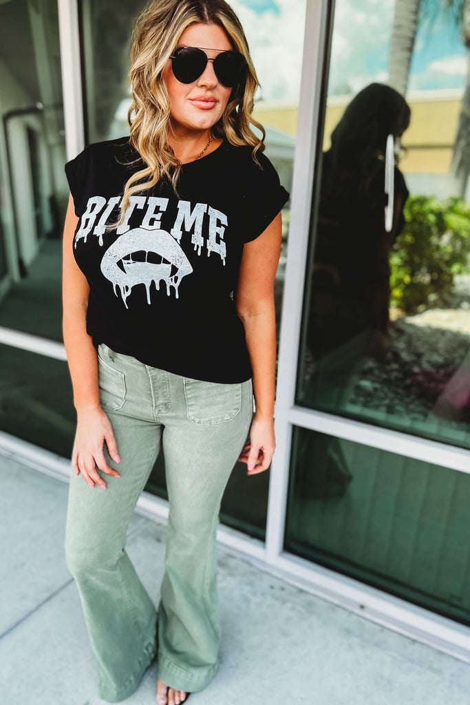 Bite Me Halloween Roll Up Sleeve Graphic Tee