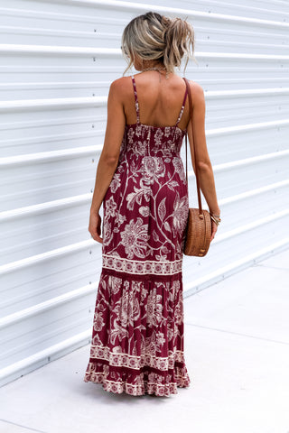 Bordeaux Blooms Tie Front Wine Maxi Dress