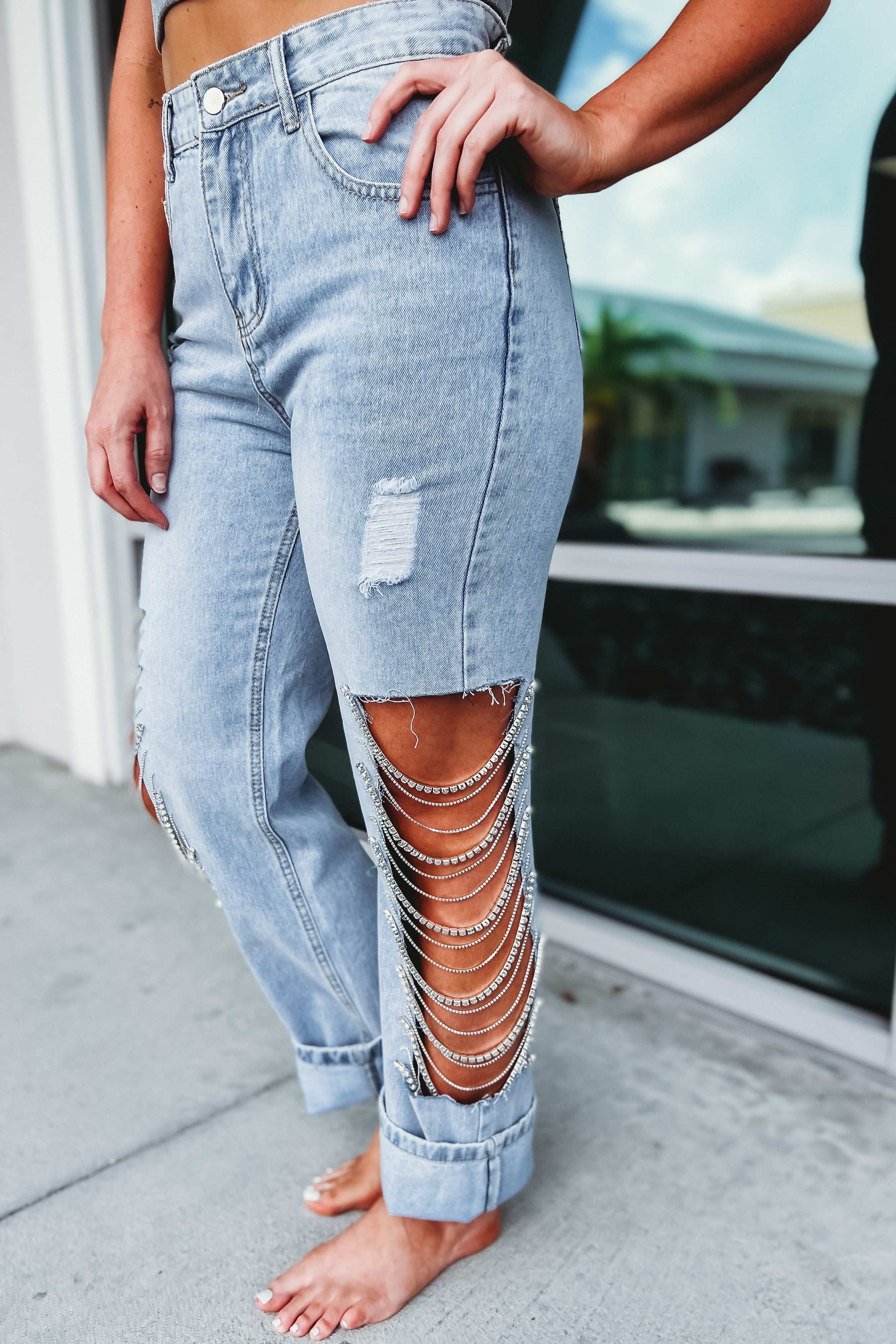 Rhinestone Embellished Jeans with Side Slit