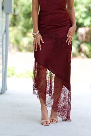 Whispered Secrets Cowl Neck Lace Asymmetrical Hem Dress (Wine)