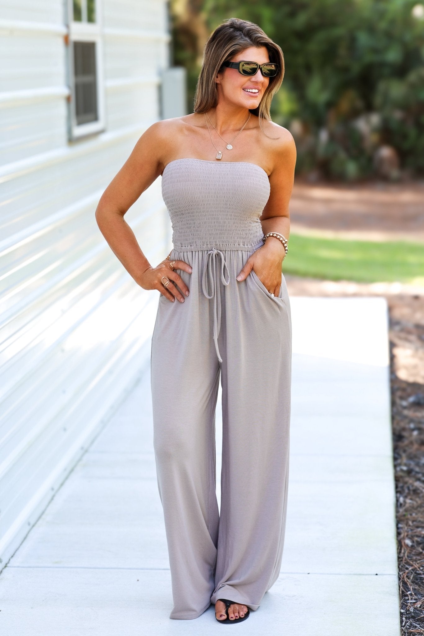 jumpsuit dress casual Rumor Going Round Smocked Black Jumpsuit