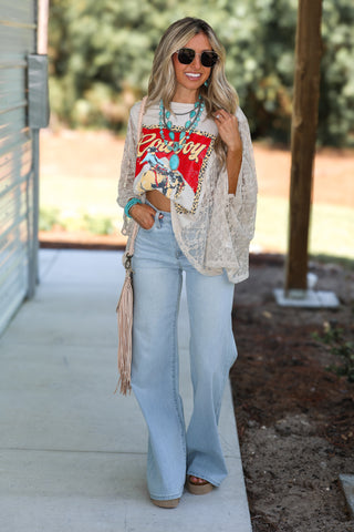 Vintage Cowboy Kaftan Lace Sleeve Kimono Top (BONE)
