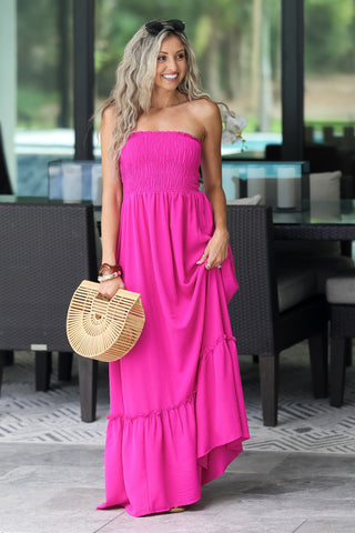 Cabana Club Strapless Smocked Maxi Dress (Hot Pink)