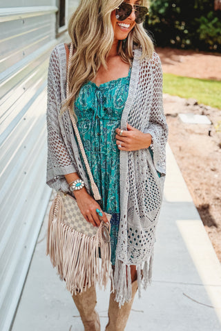Everyday Wanderer Open Knit Crochet Fringe Cardigan (Grey)