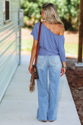 Off Duty Chic One Shoulder Ruched Waist Top (Denim)