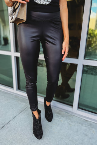 My Myself and I Faux Leather Wide Waistband Leggings