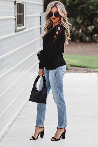 Black Cozy Nights Crochet Lace Sleeve Sweater