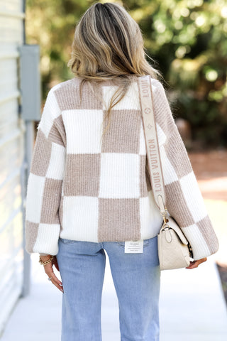 Mocha Checker Crew Neck Sweater