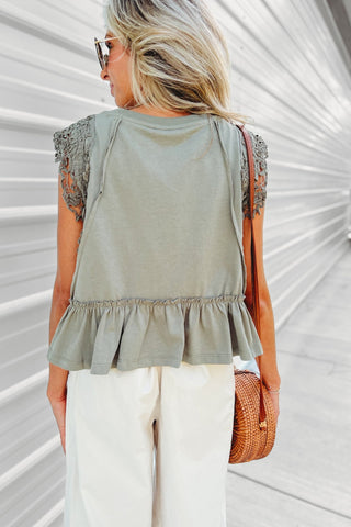 (4 COLORS) Lace Whisper Ruffle Hem Crochet Sleeve Top - Simply Me Boutique
