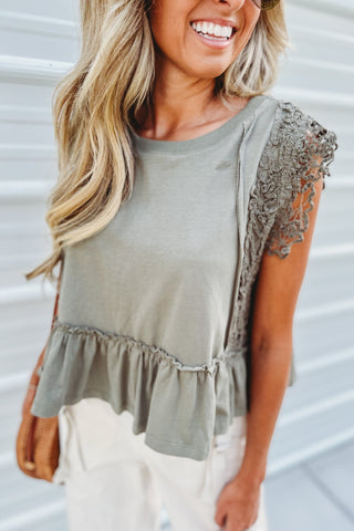 (4 COLORS) Lace Whisper Ruffle Hem Crochet Sleeve Top - Simply Me Boutique