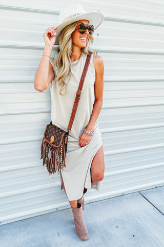 On Repeat Mineral Washed Muscle Tank Taupe Midi Dress