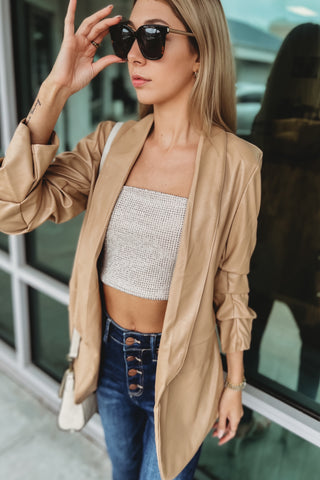 Venti 6 Nothing Can Compare Ruched Sleeve Faux Leather Nude Blazer