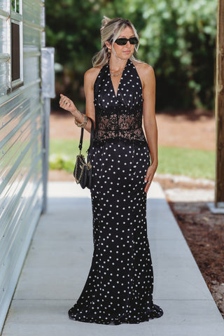 Hollywood Glam Polka Dot Halter Maxi Dress