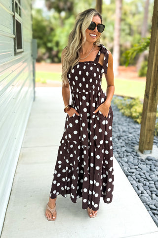 Sweet Caroline Smocked Polka Dot Midi Dress (Chocolate Brown)