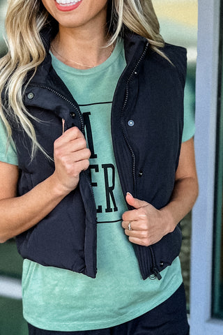 Embrace It All Cropped High Neck Black Puffer Vest