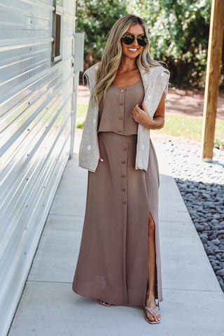 Canyon Breeze Button Front Crop Top (Khaki)