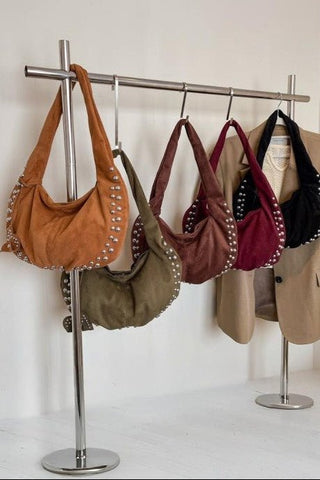 *(5 COLORS) Faux Suede Studded Shoulder Bag - Simply Me Boutique