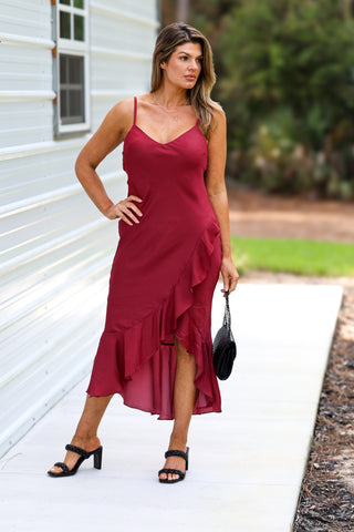 Royal Elegance Burgundy Ruffle Dress
