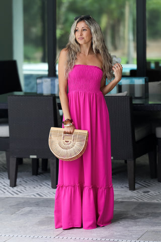 Cabana Club Strapless Smocked Maxi Dress (Hot Pink)