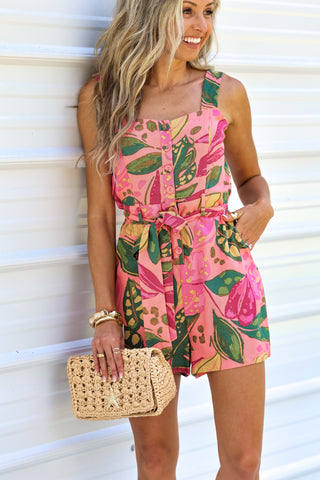 Palm Party Pink Tropical Romper