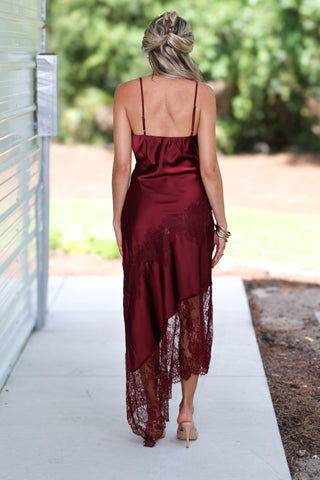 Whispered Secrets Cowl Neck Lace Asymmetrical Hem Dress (Wine)