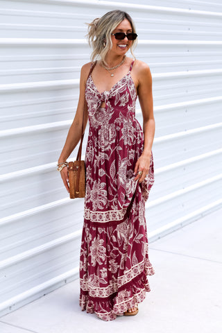 Bordeaux Blooms Tie Front Wine Maxi Dress