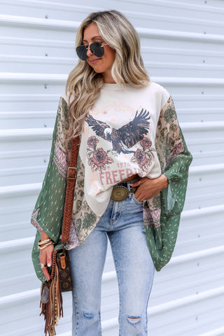 Free Bird Kaftan Paisley Print Kimono Top (BONE)