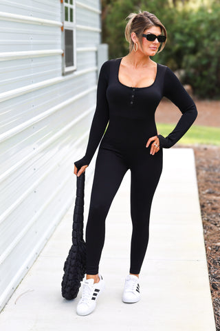 The Vegas Black Long Sleeve Ribbed Jumpsuit
