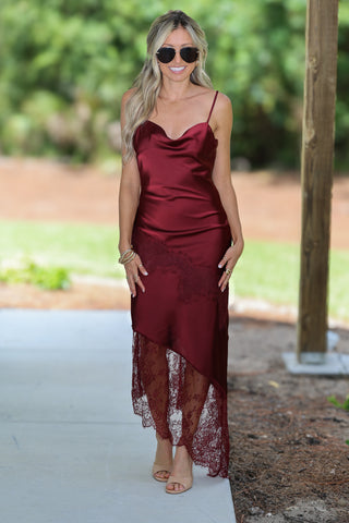 Whispered Secrets Cowl Neck Lace Asymmetrical Hem Dress (Wine)
