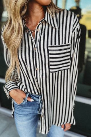 Girl Bossing Satin Striped Button Down Top