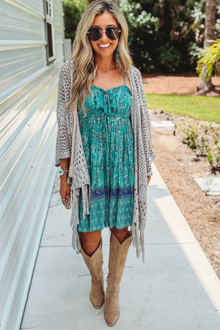 Everyday Wanderer Open Knit Crochet Fringe Cardigan (Grey)