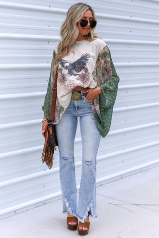 Free Bird Kaftan Paisley Print Kimono Top (BONE)