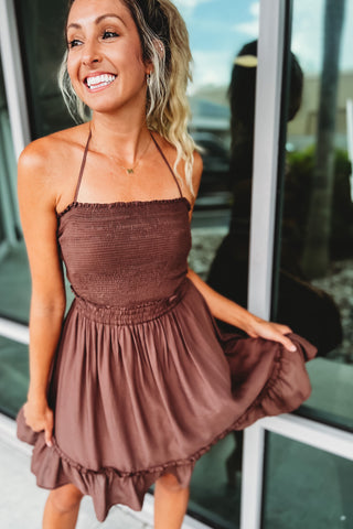 Searching for Love Open Back Ruffled Brown Dress