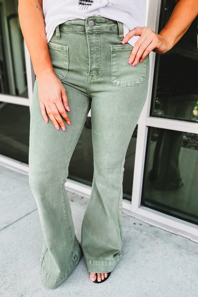 Layla High Rise Olive Bell Bottom Pants