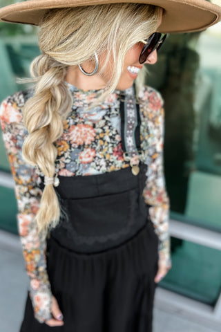 Free Spirit Lace Trim Wide Leg Overalls (Black)