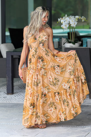 Tropical Hibiscus Halter Maxi Dress