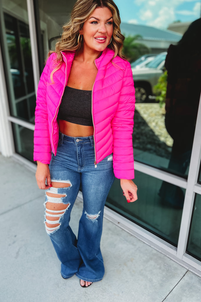 Breaking the Rules Hot Pink Skimmer Puffer Jacket