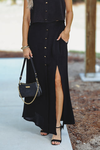Canyon Breeze Button Front Maxi Skirt (Black)