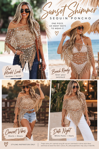 Sunset Shimmer Sequin Fringe Poncho Cover Up Top