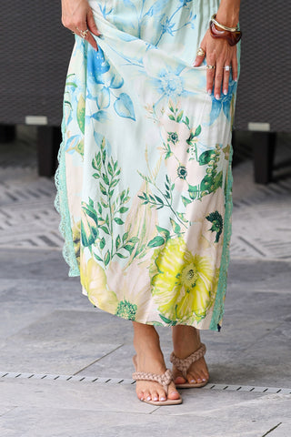 Saltwater Blooms Lace Trim Maxi Dress