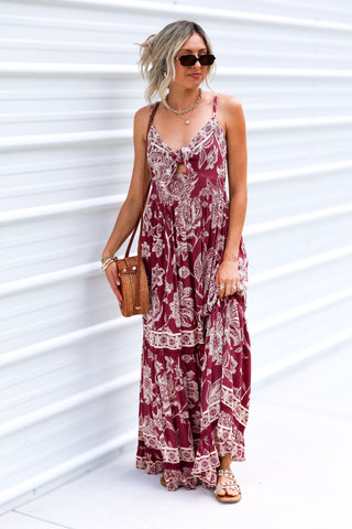 Bordeaux Blooms Tie Front Wine Maxi Dress