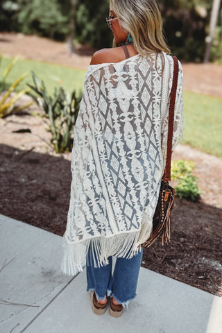 One Size Embroidered Fringe Cream Kimono
