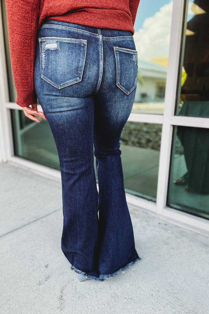 Kaitlyn High Rise Distressed Frayed Hem Super Flare Dark Wash Jeans