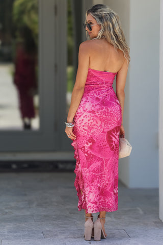 Exotic Escape Hot Pink Strapless Midi Dress