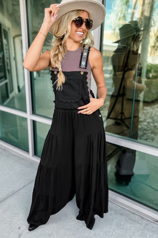 Free Spirit Lace Trim Wide Leg Overalls (Black)