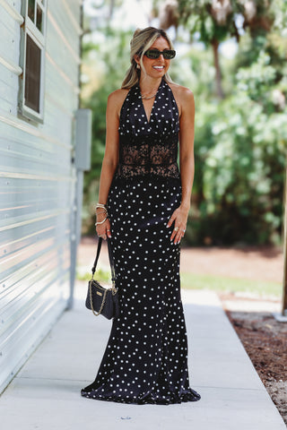 Hollywood Glam Polka Dot Halter Maxi Dress